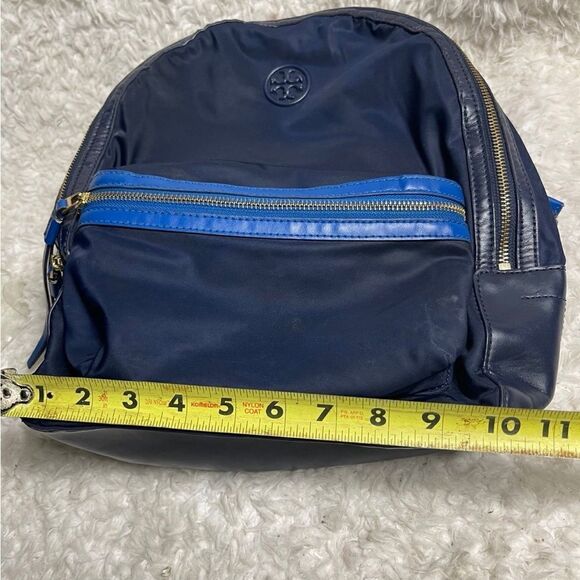 Tory Burch Perry Navy Blue Nylon small backpack royal blue leather trim .